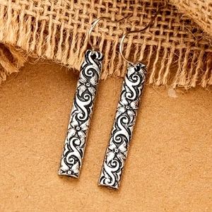 New Women's Embossed Floral Swirl Pendant Boho Silver Bar Earrings